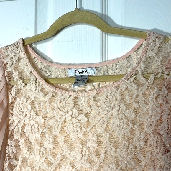 Pinky feminine sheer floral lace chiffon pleated bishop sleeve pullover pink L - Picture 2 of 14